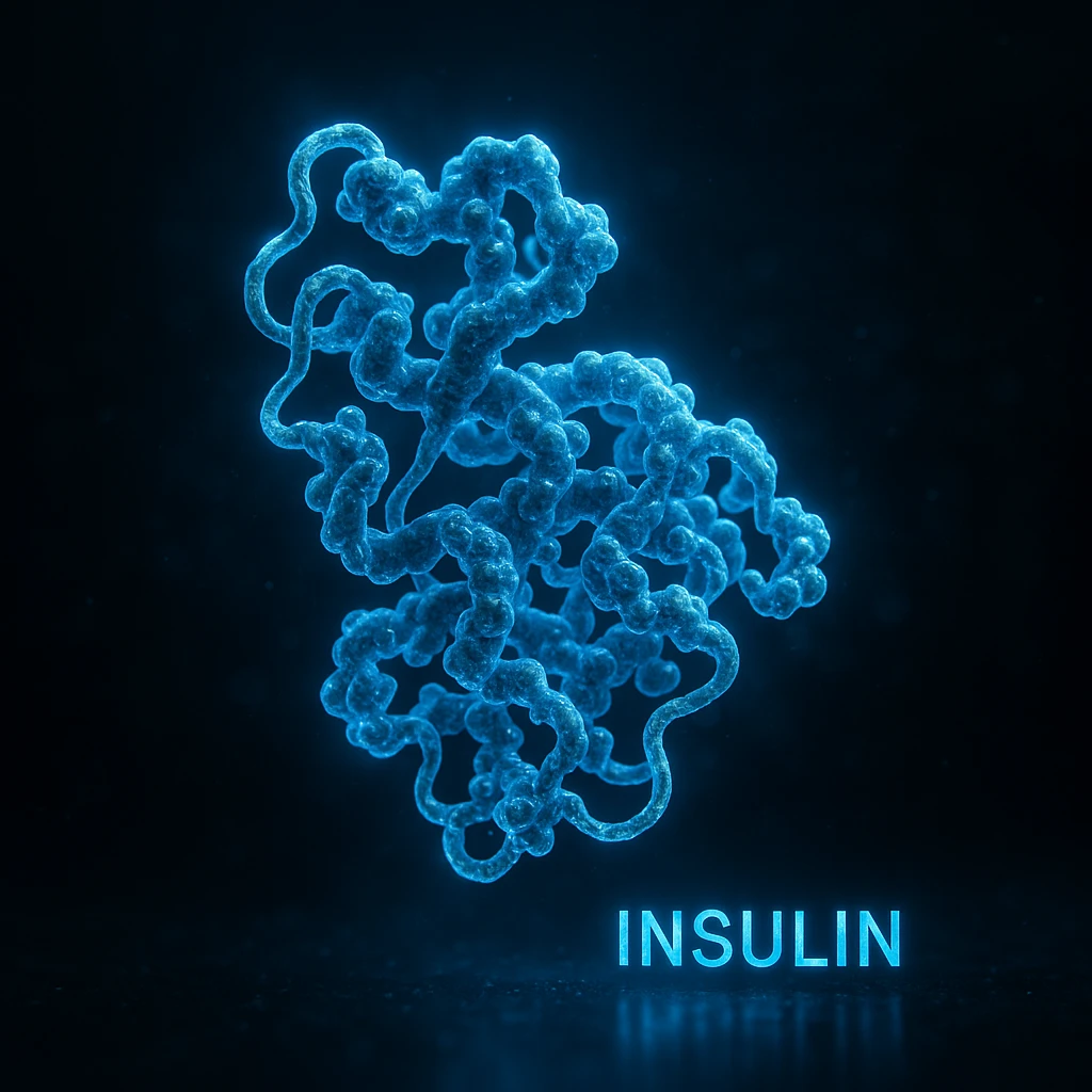 insulin represented with blue glow effect, hyper realistic 4K style, molecular details, futuristic atmosphere emoji