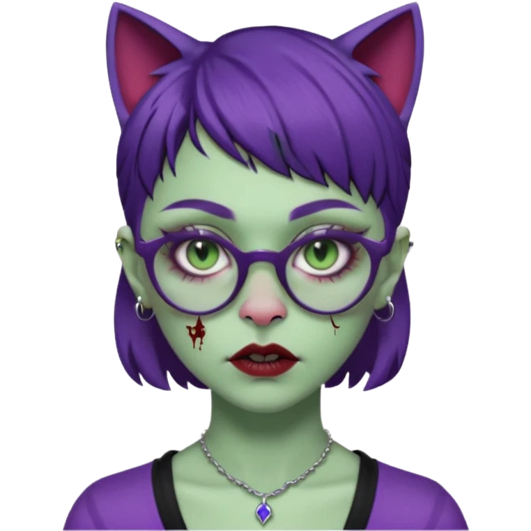Una mujer zombie con perforacion en la nariz y perforación Madonna, lentes tipo ojo de gato, fleco pequeño y cabello largo morado oscuro  emoji
