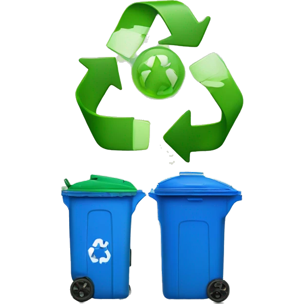 A blue trash can with a lid next to a green recycling bin with a lid emoji