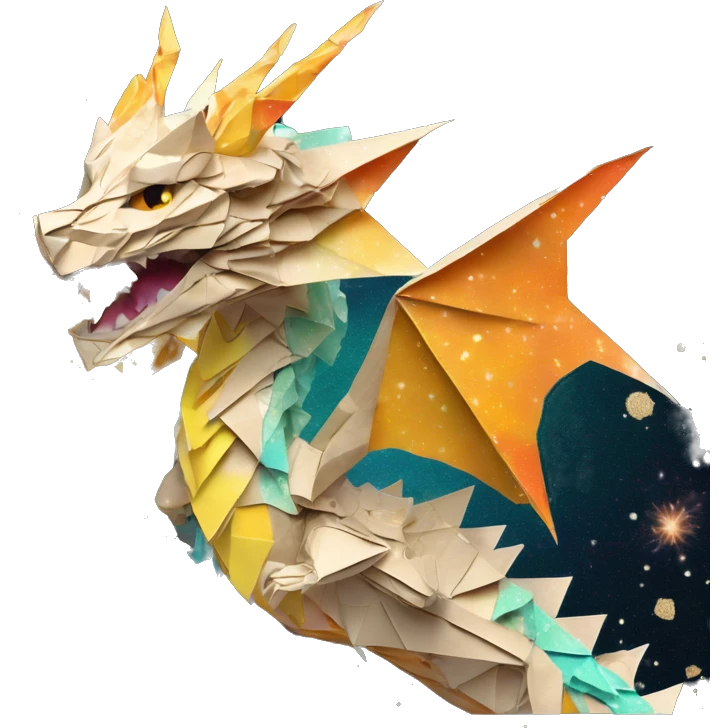 Sparkling patterned Beige Origami dragon with a dried flower crown made of newspapers intricate patterns surrounded by fairy lights nebula galaxy stars swirls iridescent orange cyan yellow emoji