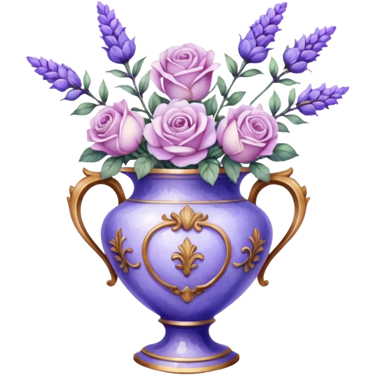 Watercolor painting of rococo vase with lavender roses emoji