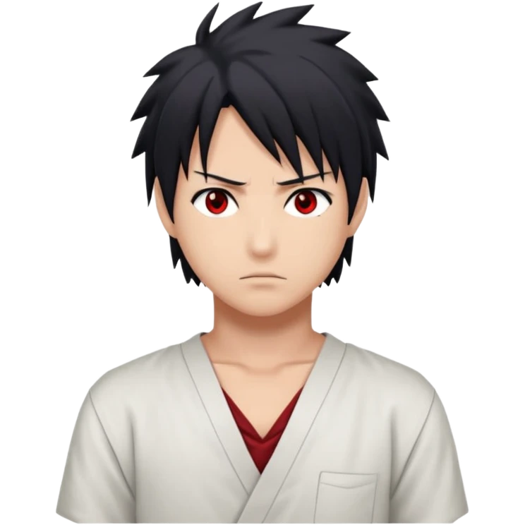 Sasuke Uchiha. White low cut shirt, dark hair, Sasuke hair, red eyes emoji