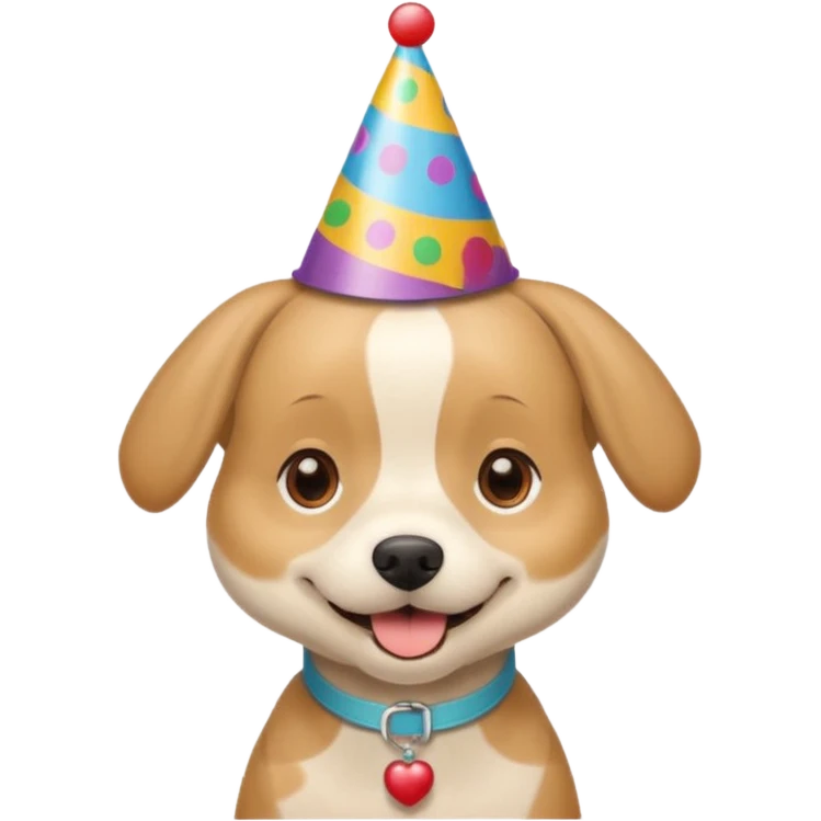beige short haired dog with a birthday hat emoji