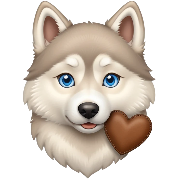 Beige husky with blue eyes holding a brown heart emoji