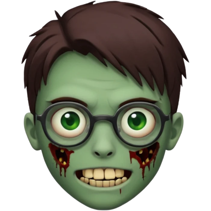 Zombie emo boy, green skin and brown hair and eyes, black glasses and a scary smile with a cut on the side, scars and blood under eyes emoji