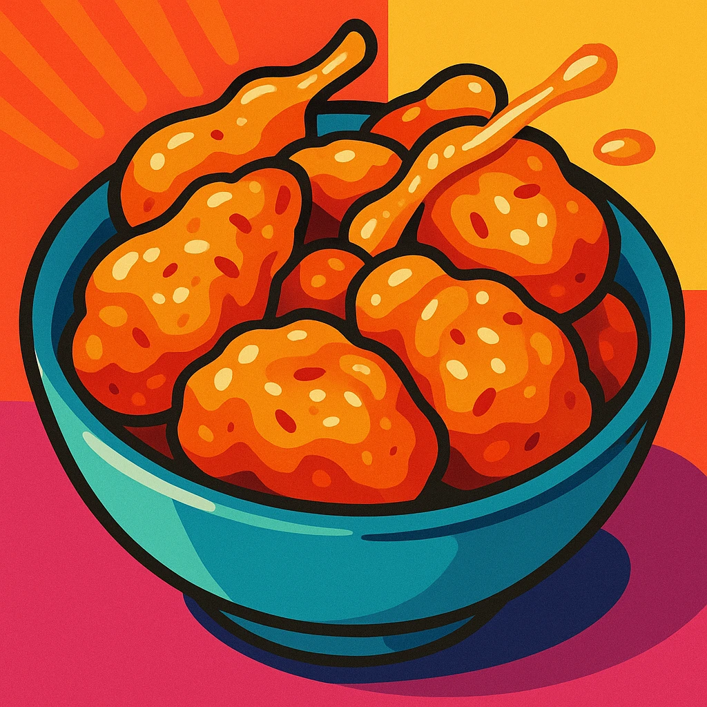 honey chicken, appetizing, golden brown, glazed, in a bowl, food illustration, vibrant toon style emoji