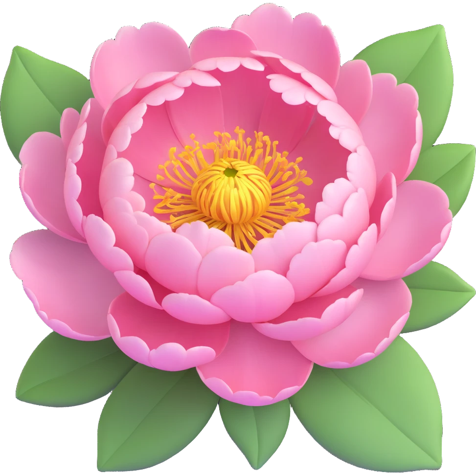 A pink peony flower in 3D iOS style with green leaves, detailed petals, and a soft, vibrant color scheme. emoji