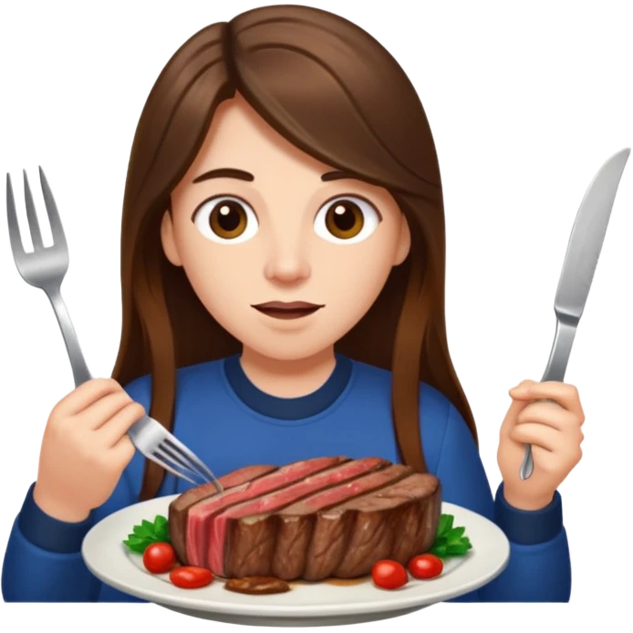 긴 갈색머리고 스테이크를 먹고있어 emoji