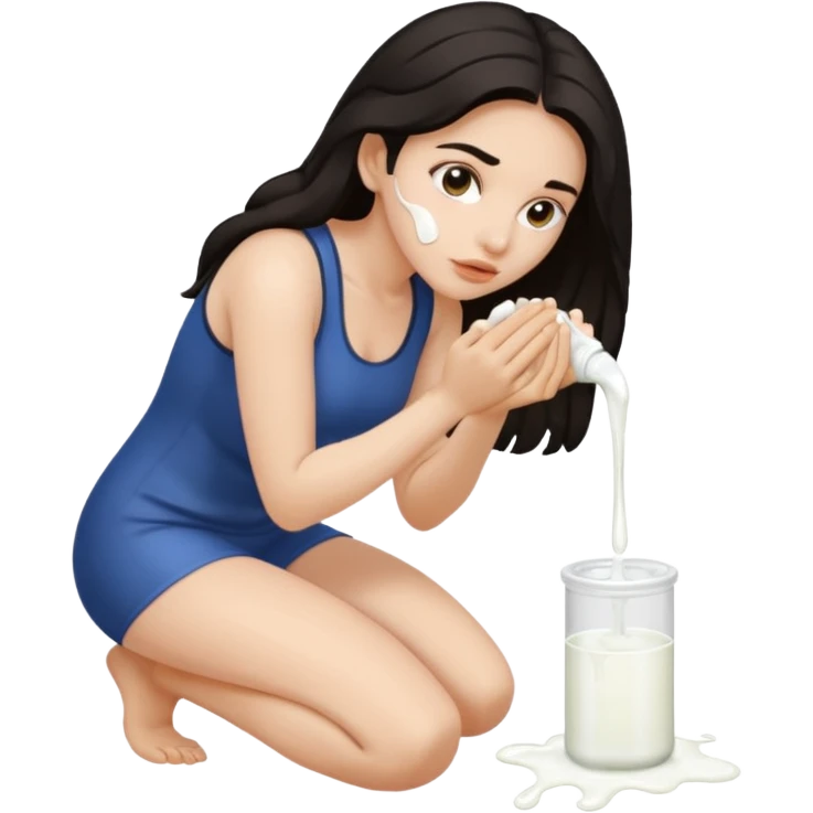 Kneeling Hispanic woman with sticky white liquid on face emoji
