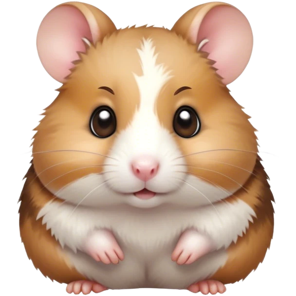 Cinematic Cute Brown and White Banded Hamster Portrait Emoji, Head tilted playfully and inquisitively, showcasing a fluffy coat with playful brown and white banded patterns, round, sparkling dark eyes filled with curiosity, Simplified yet irresistibly adorable features, highly detailed, glowing with a warm, friendly glow, high shine, affectionate and lively, stylized with a touch of whimsy, bright and endearing, soft glowing outline, capturing the essence of a mischievous yet loving hamster, so playful it feels like it could dash out of the screen and into your arms! emoji