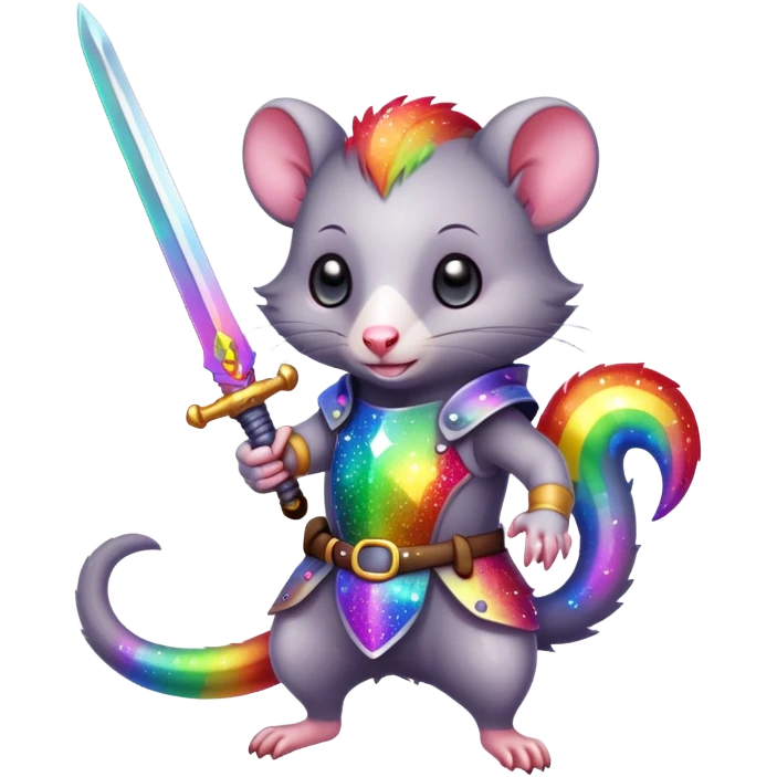 Colorful possum holding a sword with rainbow sparkles emoji