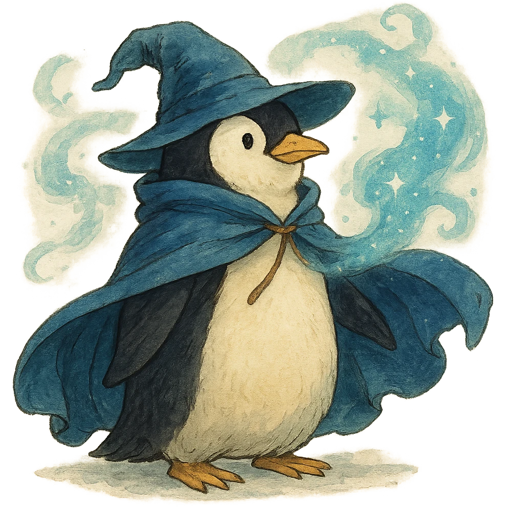 ghibli style penguin wizard with a flowing cloak and magical aura emoji