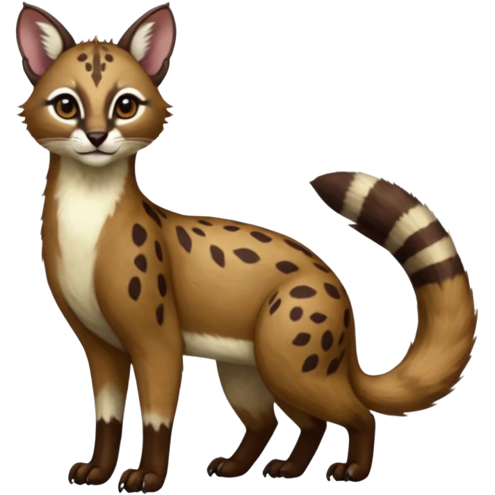Colorful dark chocolate-brown tropical beige fur glorious divine exotic cute cool beautiful shiny beautiful fantasy-caracal-civet-genet-sergal-vernid-Cacomistle-oncilla-animal-hybrid-fursona with white deer-spots pattern markings (full body) emoji