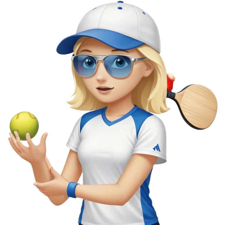 Girl with blond hair and blue eyes wearingp a white baseball cap and sunglasses playing pickleball emoji