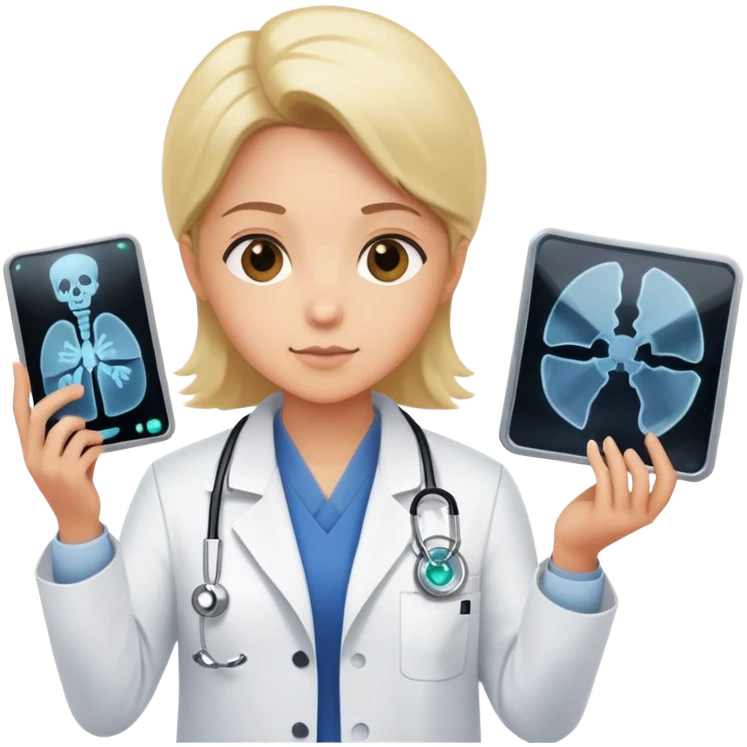 A medical professional in a white lab coat examining an X-ray film, wearing a radiation badge emoji