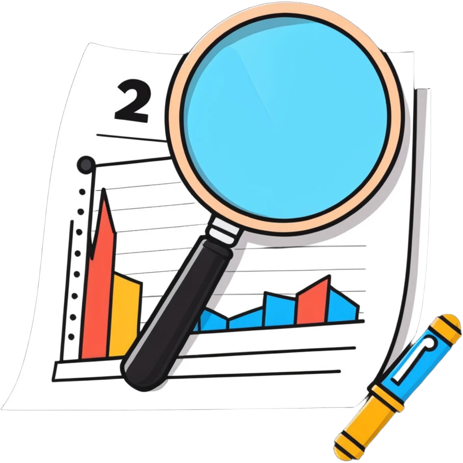 cartoon magnifying glass examining a negative trend chart emoji