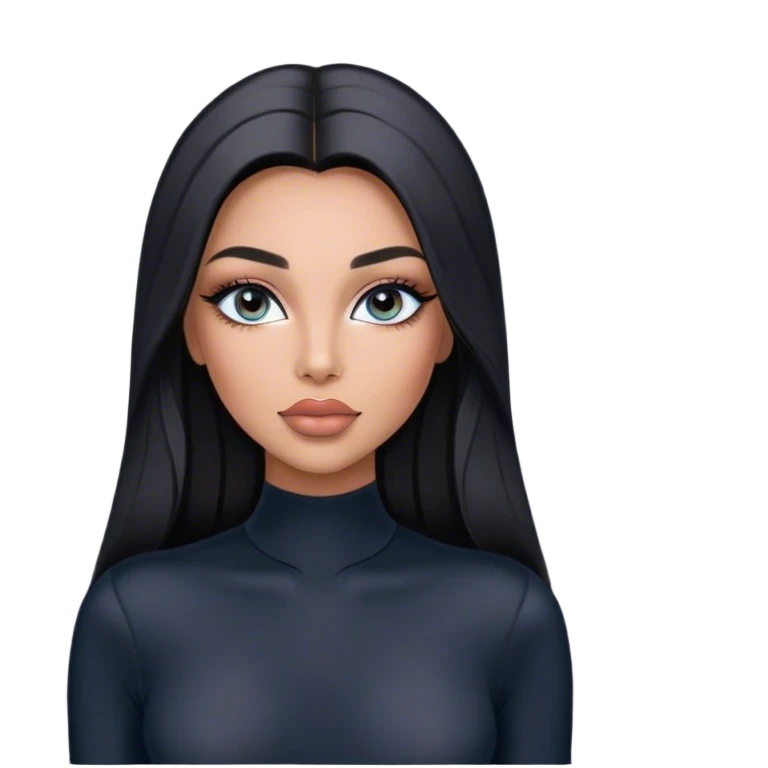 Glamours, tanned, very beautiful girl, with big pump peach-beige-rose lips, long long lashes, black straight smooth silky long hair, straight parting hair, blue-grey eyes in black long-sleeves bodysuit emoji