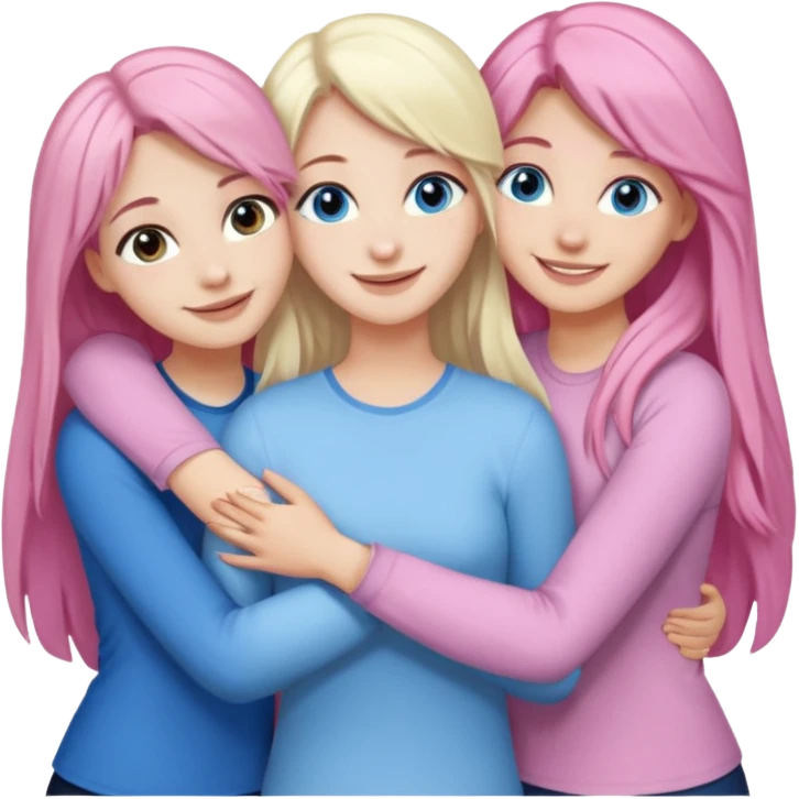 four white girlfriends hugging and smiling    2 girls with brown eyes and long dark brown hair. One with long light pink hair and blue eyes, one girl with blue eyes and light blonde hair emoji