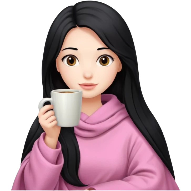 pretty girl with very long black hair, in a pink blanket, holding a coffee mug emoji