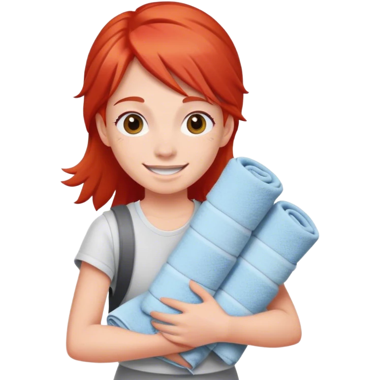 cheerful teenager on the road with red hair carrying a stack of towels in her arms emoji