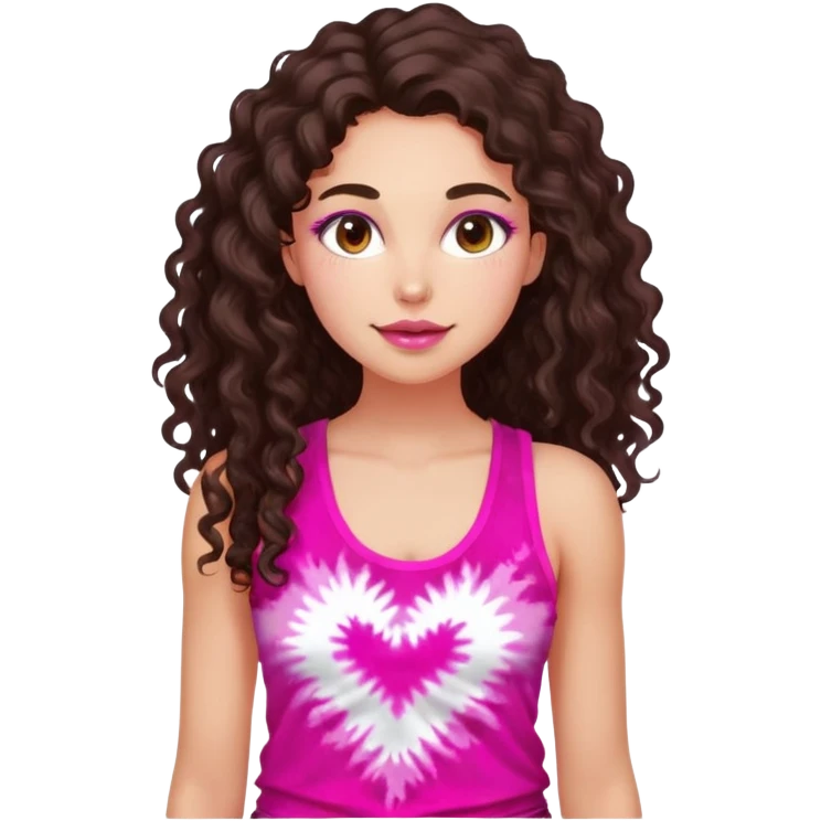 Young adult woman with luminous fair skin, long dark brown curly hair, large almond dark brown eyes, thick lips, wearing bright pink tie-dye tank top, warm friendly expression emoji