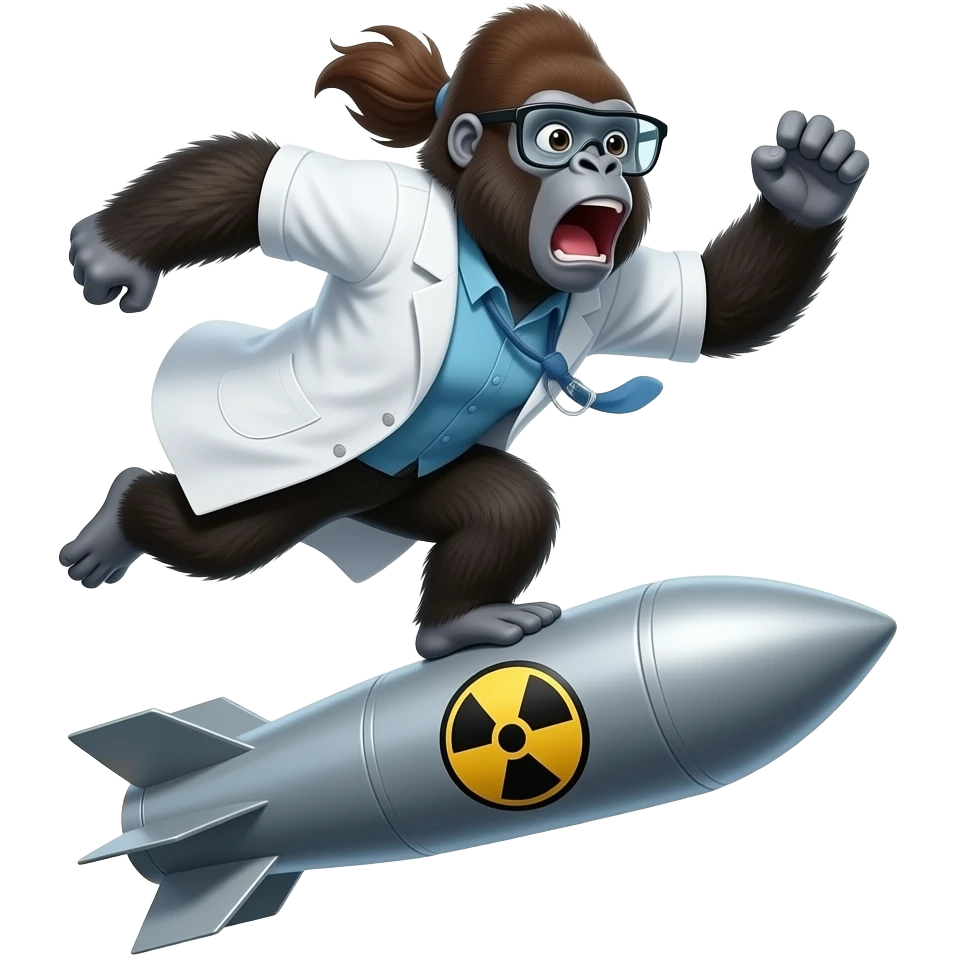 горила науковець летить на ядерній ракеті, ледь не вилітаючи з неї, шерсть розвивається вітром, вона в шоці, кричить emoji