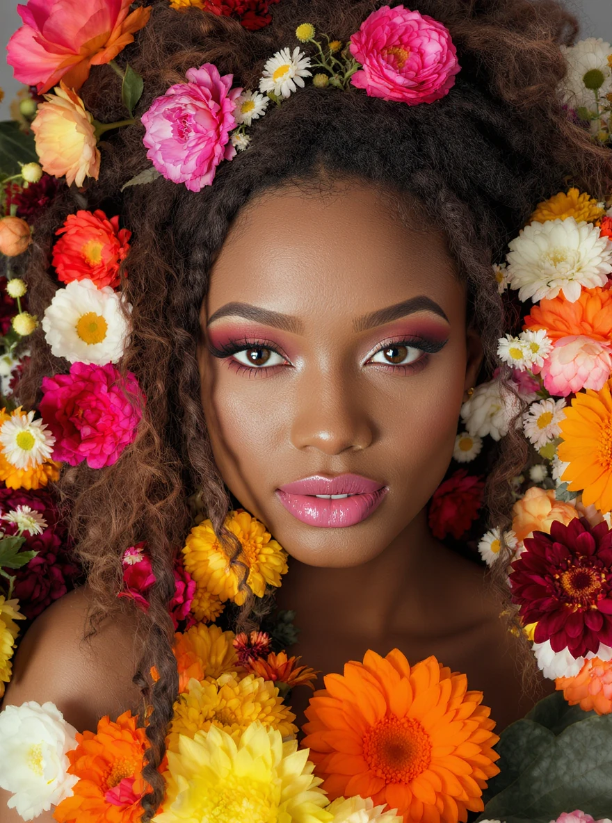 Closeup photo of a woman around colorfull flowers wearing alternative fashion emoji