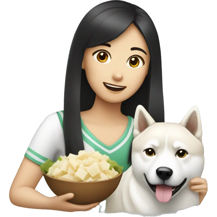 Asian girl with white Akita eating  emoji