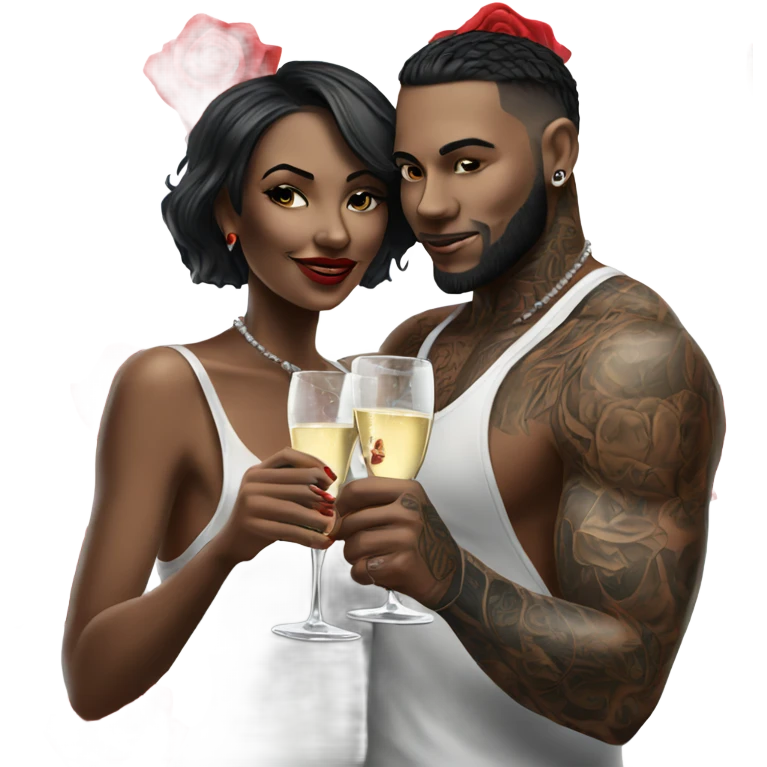Hyper Realistic tattooed couple drinking champagne with red roses  emoji