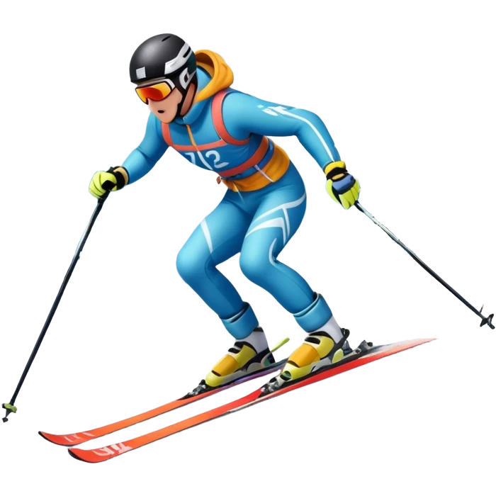 An icon featuring a skier racing down a snow-covered slope, surrounded by snowy peaks and pine trees. The design includes ski poles, bright winter gear, and dynamic motion lines, capturing the thrill and speed of alpine skiing. Transparent background emoji