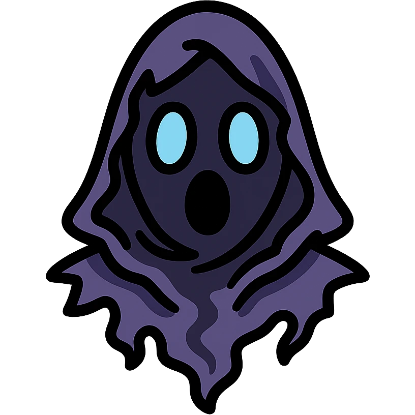 vector emoji of a dark, ethereal, faceless head with a torn, ruffled hood, made of smoke and shadow, flat colors, surprised expression created by light and shading passing through the hood, mysterious and resembling Death emoji