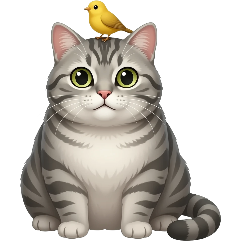 a cute loveable fat gray tabby cat with a small yellow bird on his head. the image must be a transparent .png. no light or dark border or outer glow or stroke around the image contour emoji