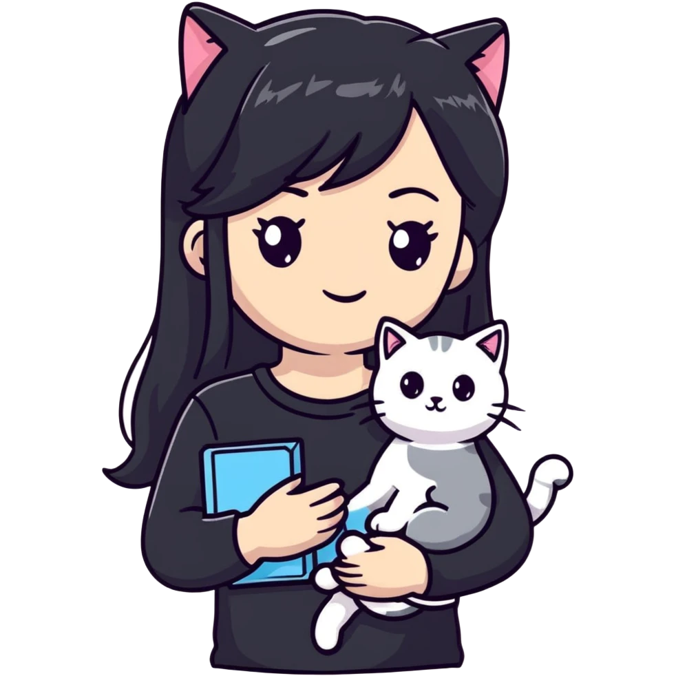 beautiful girl with long black hair wearing a black shirt holding a silver-colored cat emoji