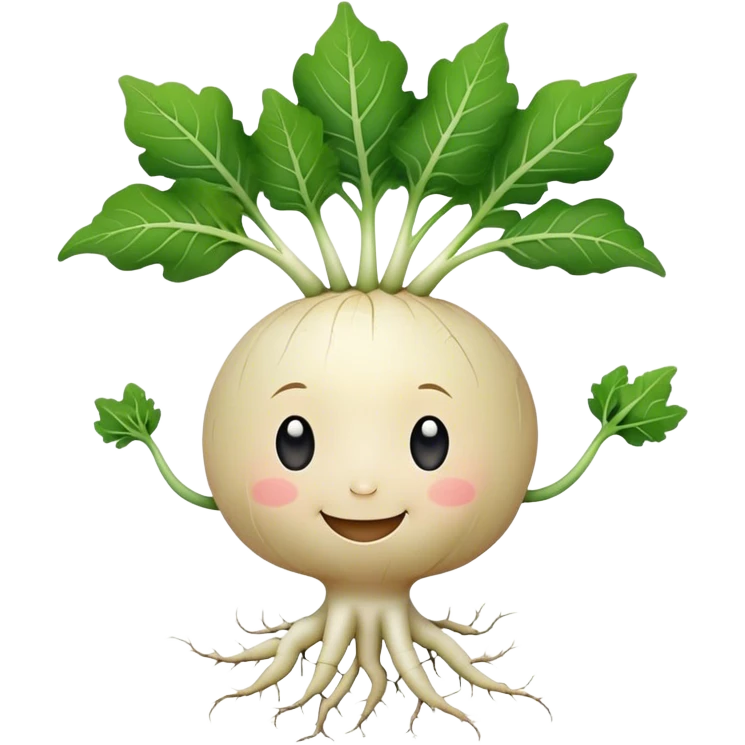 white turnip with cute smiling baby-like face and leafy stalk and cute spindly roots for hands emoji