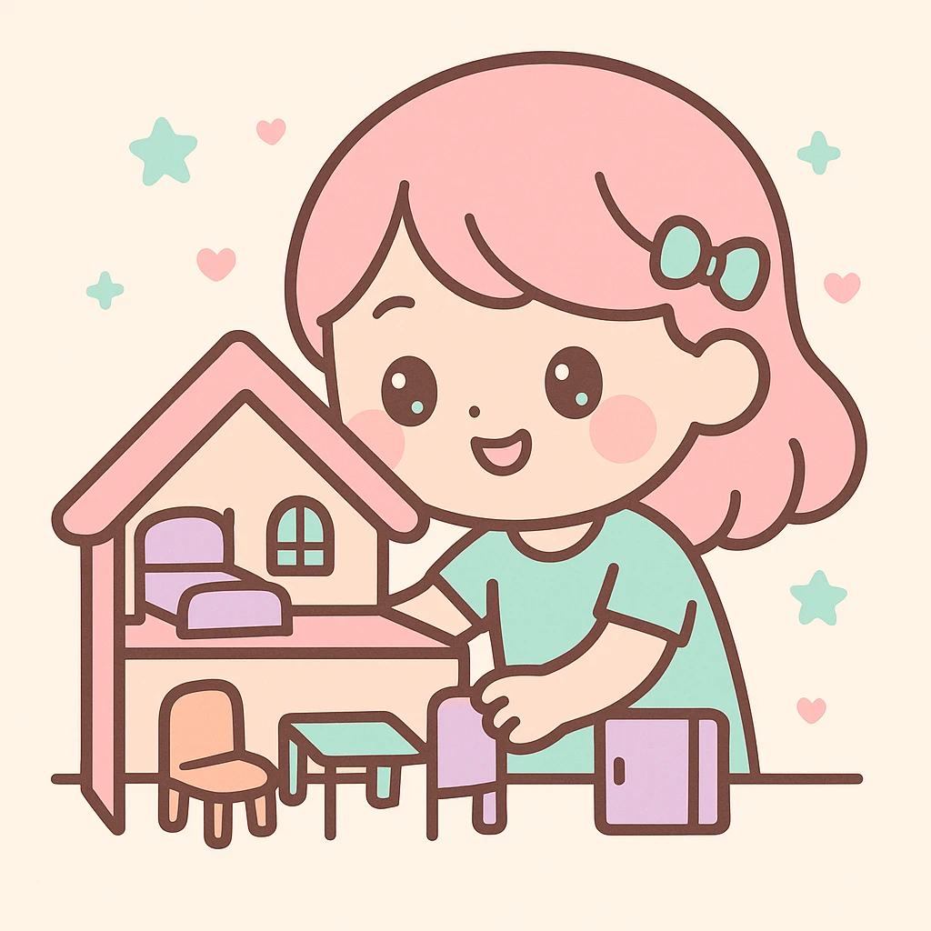 smiling girl arranging furniture in doll house emoji