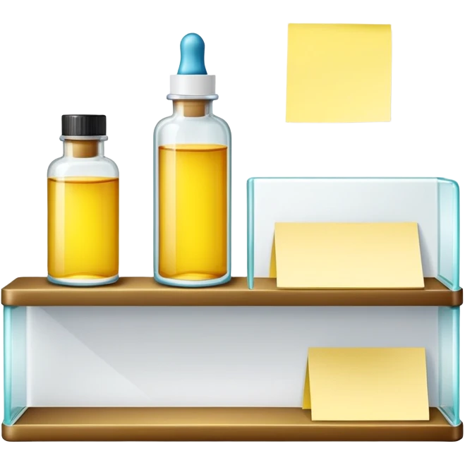 shelf with one serum bottle and a sticky note emoji