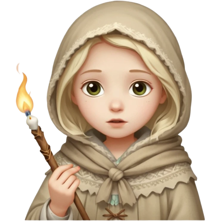 A small girl in a worn winter dress and shawl, holding a glowing matchstick close to her face, eyes wide with soft hope.
 emoji