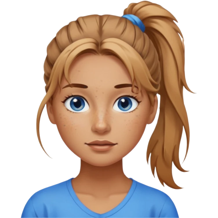 Attractive Woman with tan skin, blue eyes, wide face, freckles, and a messy ponytail  emoji