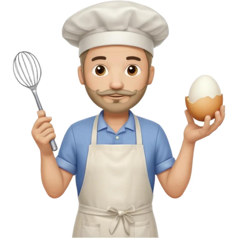 Middle aged male pastry chef - with a small beard, apron, white hat, holding an egg beater in one hand and naturally drooping in the other hand emoji