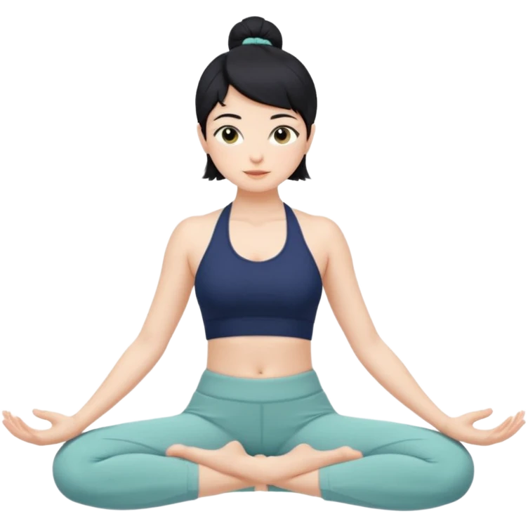 키는 작은편이고 앞머리 없는 단발머리야. 옆머리는 있고 요가를 좋아해. 남색 홀터넥을 많이 입고 민트색 요가바지를 자주 입어. 머리색은 검정색이고 하타요가를 좋아해 emoji