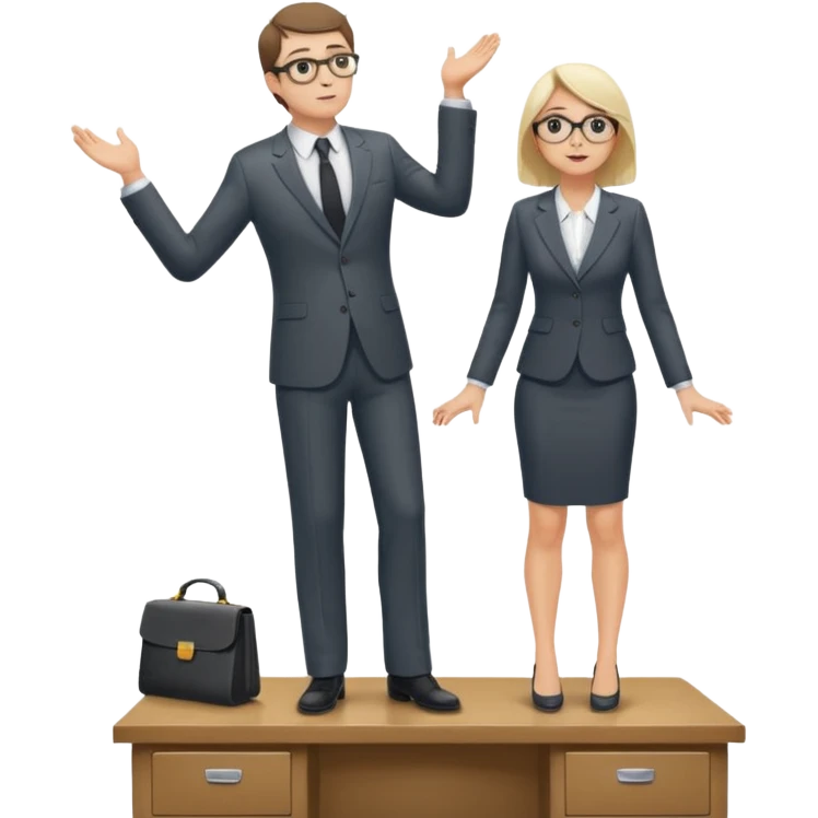 A very tiny man standing on top of a giant woman's desk looking up at her emoji