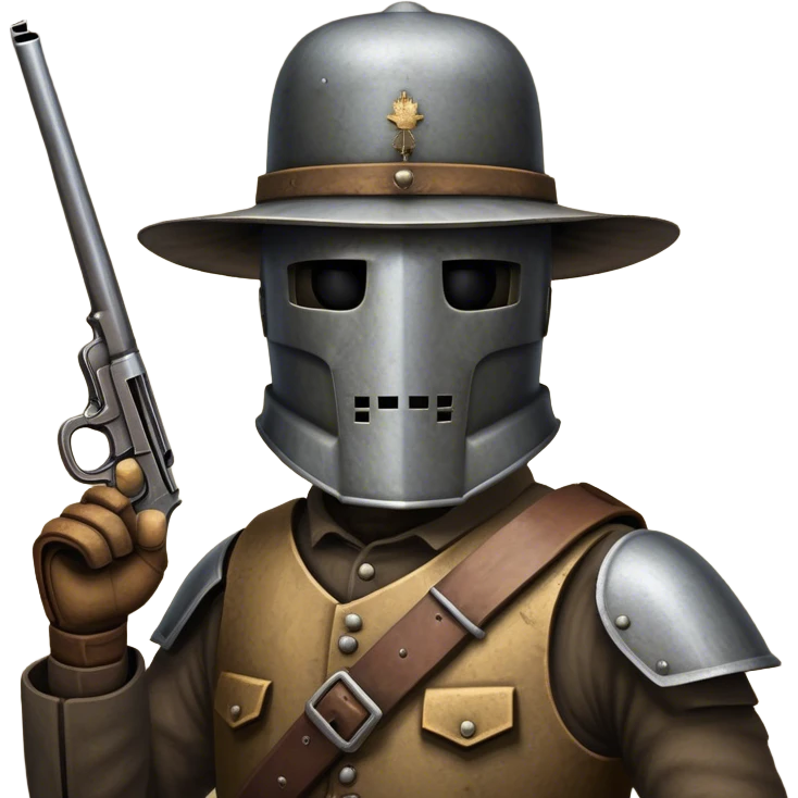 Cinematic Realistic Ned Kelly Portrait Emoji, depicted as the legendary Australian bushranger in his iconic homemade iron helmet and armor, gripping a revolver with a defiant stance. The scene is rendered with gritty textures and dramatic, shadowed lighting, evoking the lawless frontier and his rebellious, fearless legacy. emoji