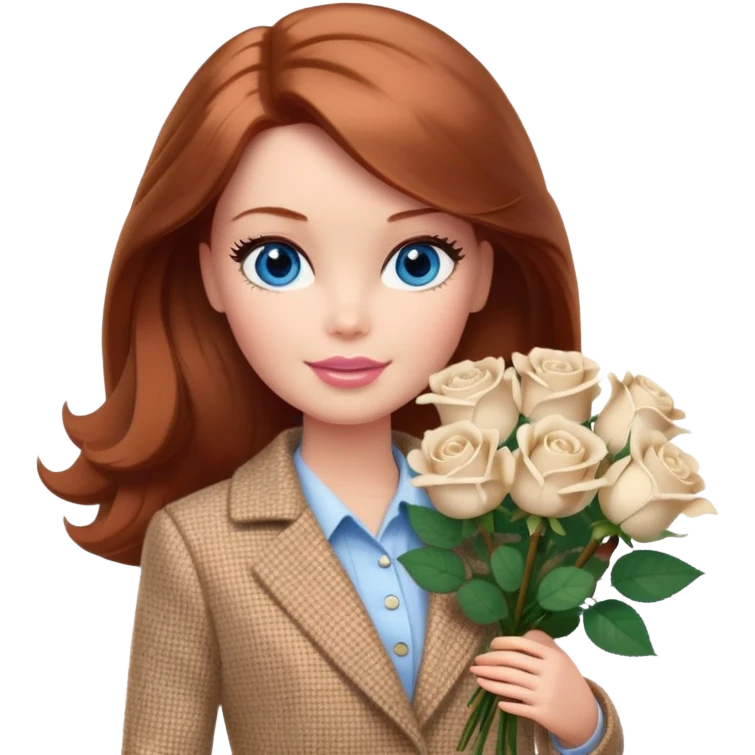 A Barbie girl with blue eyes, shoulder-length reddish-brown hair, made-up, wearing a beige tweed jacket and a beige skirt, with a bouquet of white roses emoji