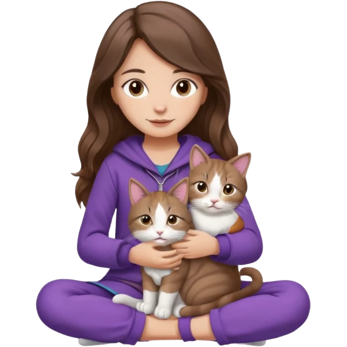 a warm calm girl with long wavy brown hair, soft brown eyes, cozy purple clothes, sitting cross-legged, holding a tricolor cat (brown, white, and grey), iOS emoji style, soft lighting emoji