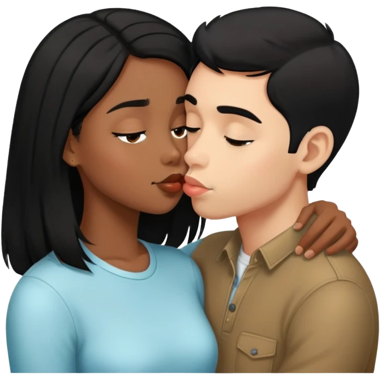 Black haired brown skinned boy kissing a black haired light skinned girl emoji