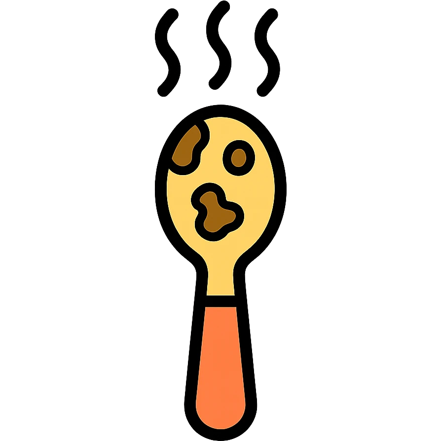 used spoon covered in grime with cartoonish odor vapors, icon style, minimalistic but expressive emoji