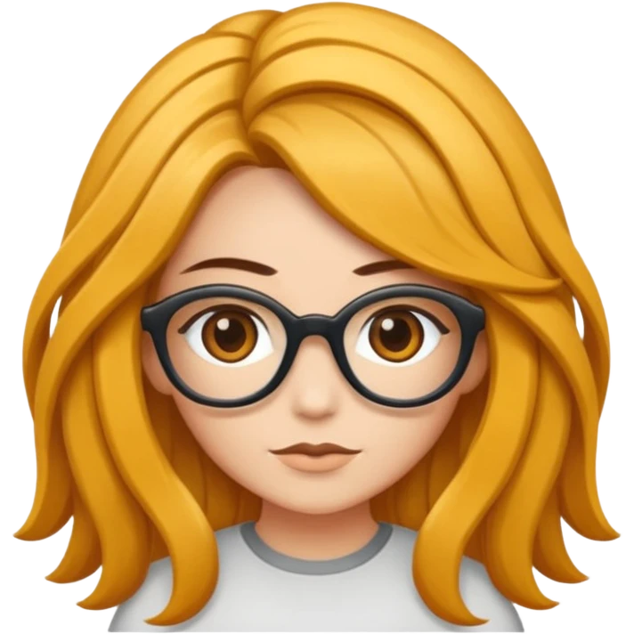 Uma garota de cabelos encaracolados compridos e mechas bem loiras, com pele morena  e óculos emoji