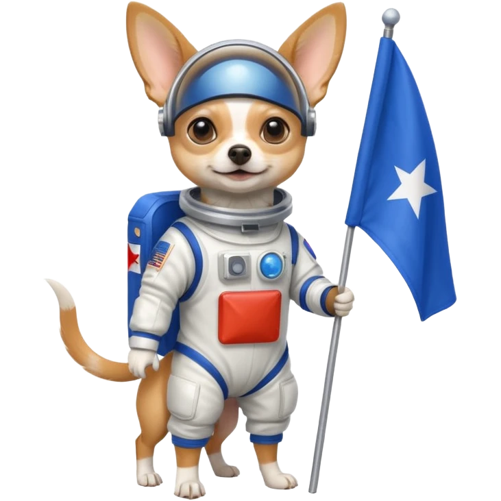 a chihuahua in space suit, holding blue rectangle flag, full body, front view emoji