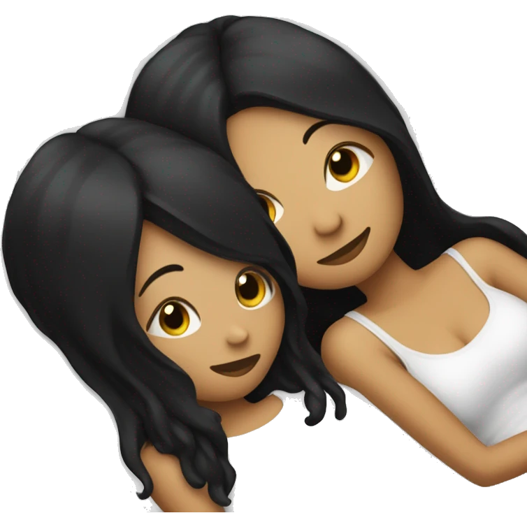 Lesbians with long black hair and white skin laying in bed together emoji