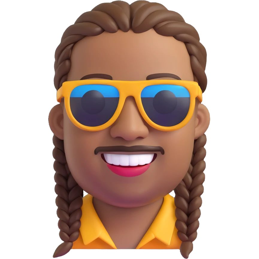 Stevie Wonder as an emoji, smiling, wearing sunglasses and a braided hairstyle emoji